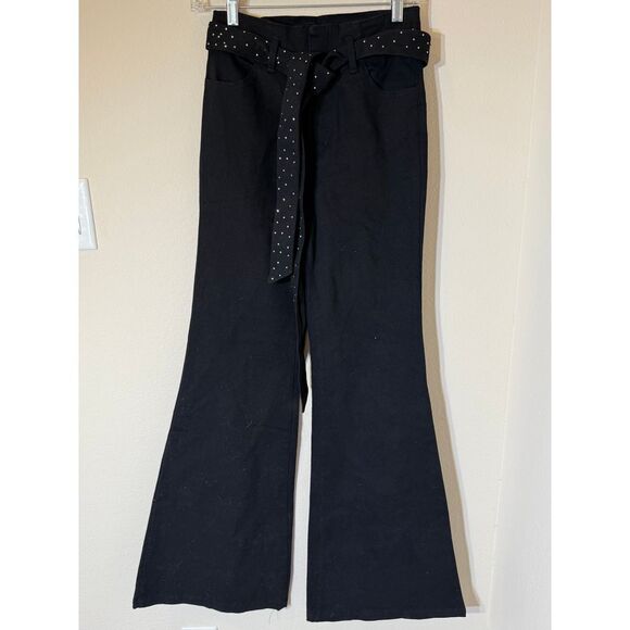 Flying‎ Tomato Black Flare Denim Pants with Rhinestone Polka Dot Tie Belt Ml - Picture 1 of 8